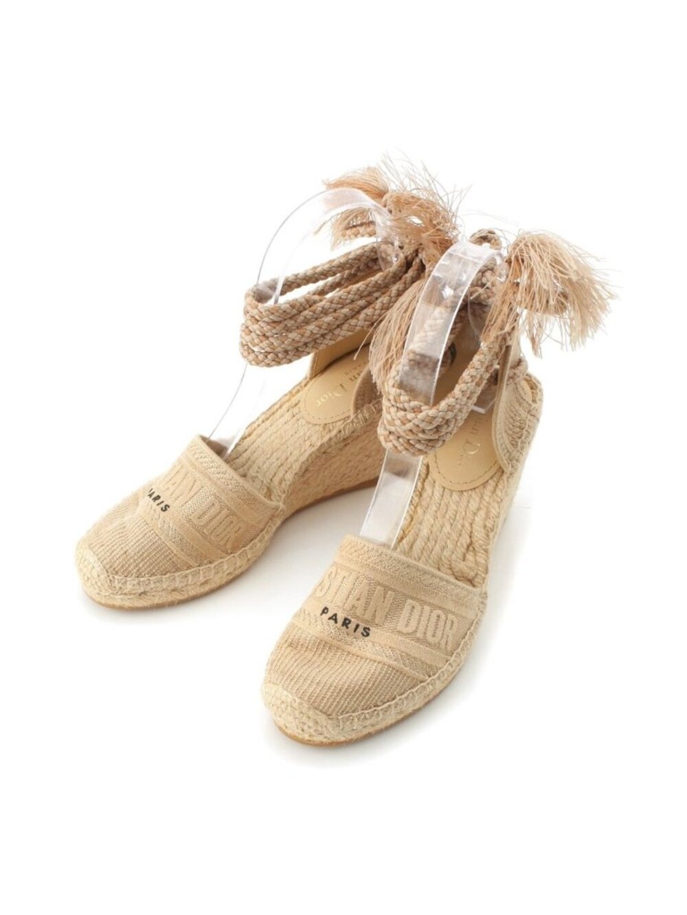 Dior Granville Canvas Logo Lace-up Wedge Sole Espadrille Sandals Beige